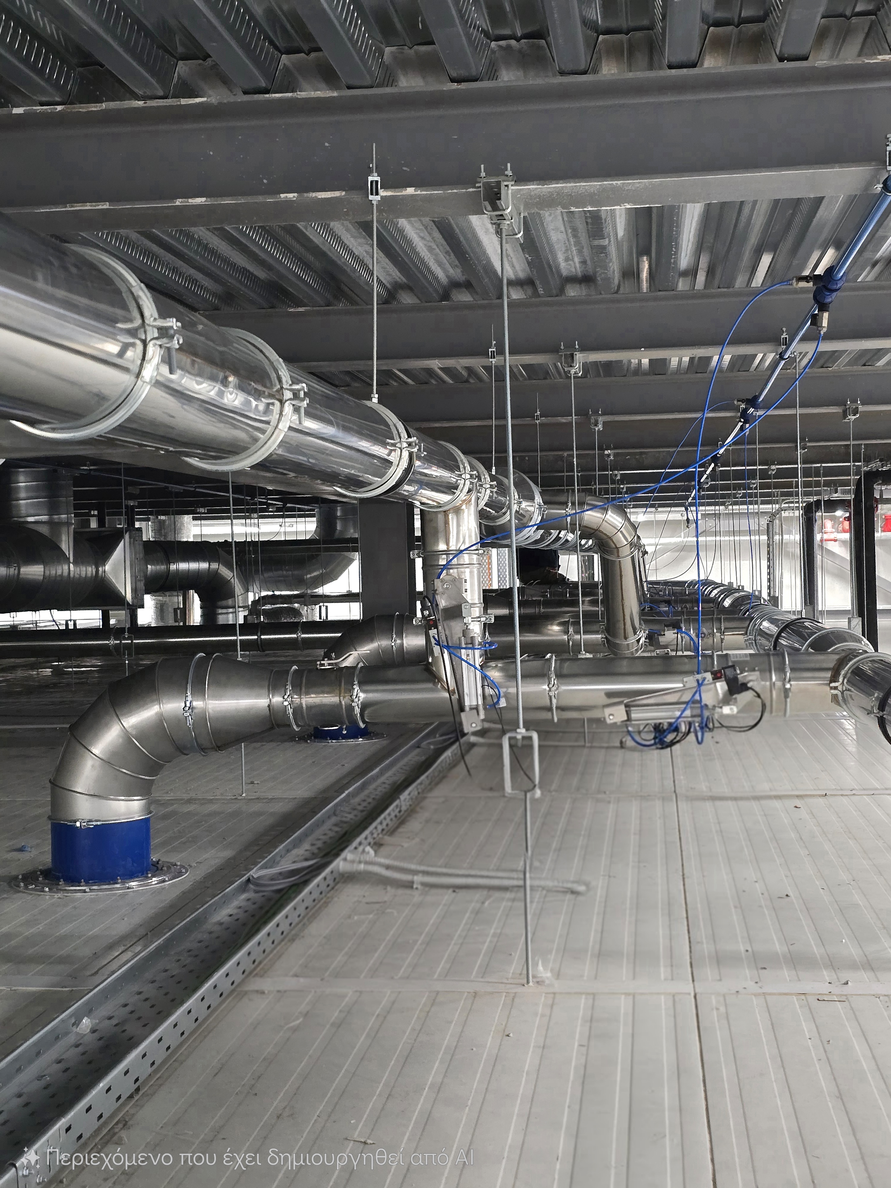 Δίκτυο εξαερισμού με αυτόματα ντάμπερ ελέγχου σε εργοστάσιο παραγωγής συσσωρευτών Λιθίου